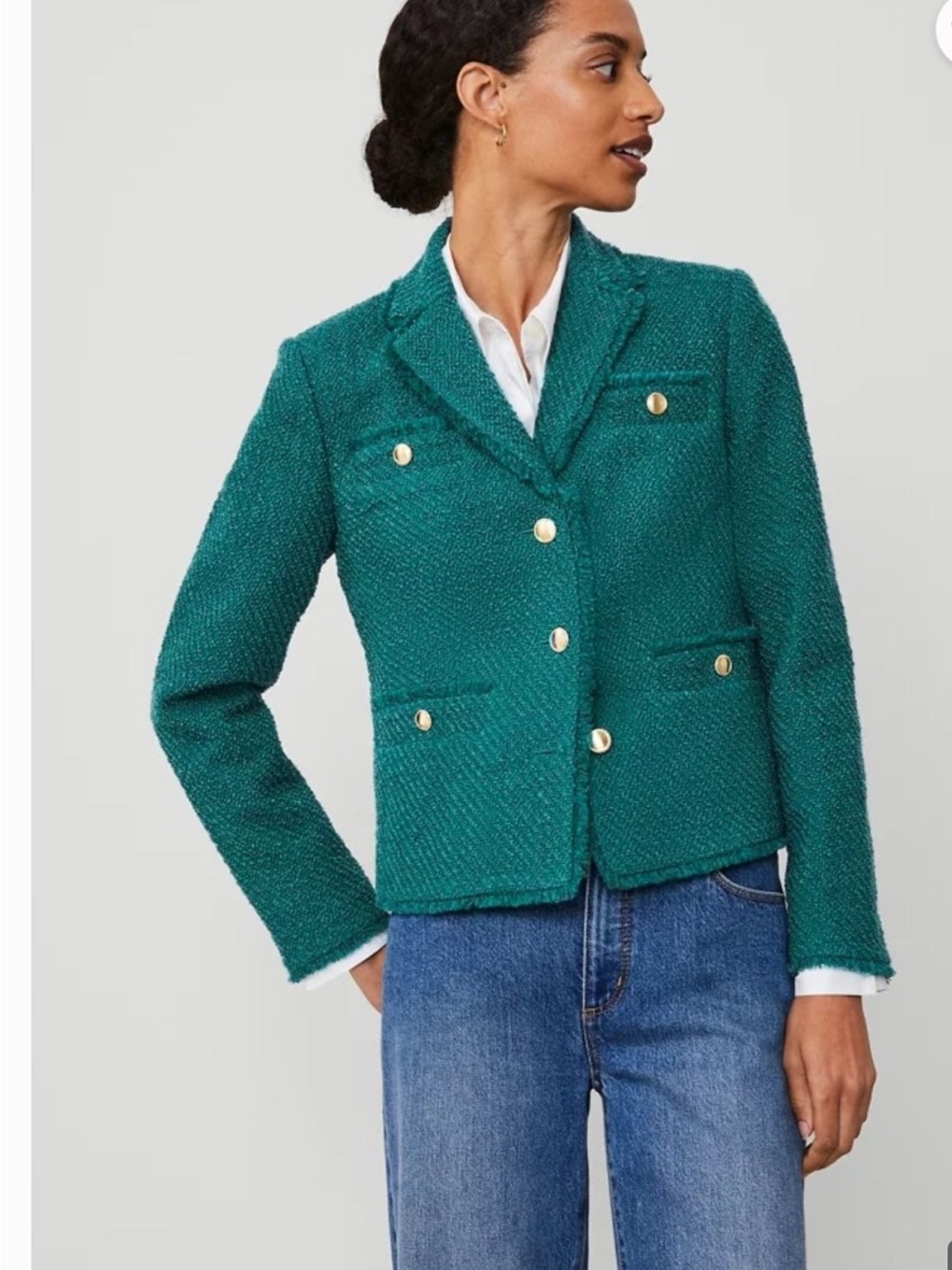 Ann Taylor Teal Tweed Bouclé Blazer with Gold Buttons